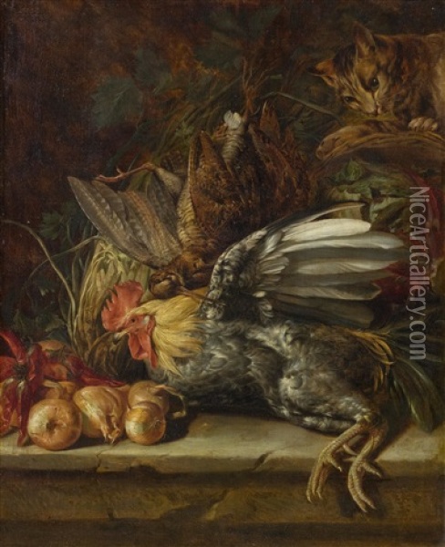 Still Life With Birds And A Cat Oil Painting - Christoffel Puytlinck