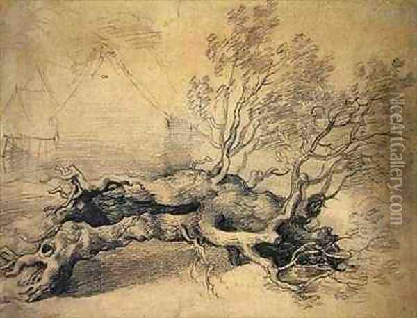 A Fallen Tree with Farm Buildings Beyond Oil Painting - Thomas Gainsborough