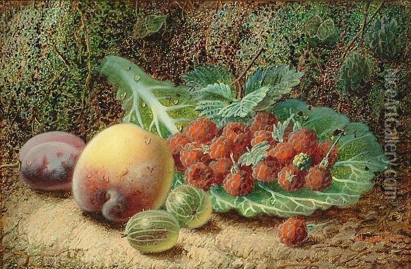 Still Life Of Raspberries, A Peach, Plum And Gooseberries Oil Painting - Oliver Clare