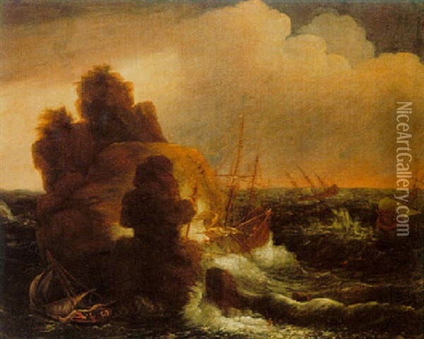 Ships Foundering Off A Stormy Coast Oil Painting - Matthieu Van Plattenberg