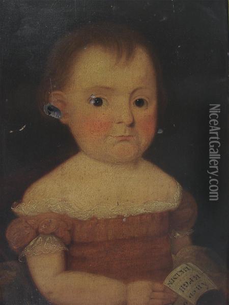 Half-length Portrait Of A Seated Girl Holding An Alphabet Primer In Her Right Hand. Subject Possibly Arianna Saville, A Member Of The Leonard Family Of Martha's Vineyard. Oil Painting - John, Brewster Jnr.