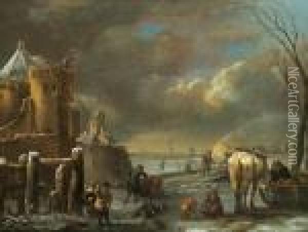 Paesaggio Invernale Con Una Citta Fortificata E Molte Figure Oil Painting - Claes Molenaar (see Molenaer)