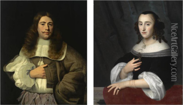A Portrait Of Andries Rijckaert (1636-1716), Standing Half-length, Wearing A Brown Coat With A White Lace Collar And Purple Ribbons; A Portrait Of His Sister Susanna Rijckaert (born 1635), Half Length, Wearing A Black Dress With A White Lace Collar And W Oil Painting - Isaac Luttichuys