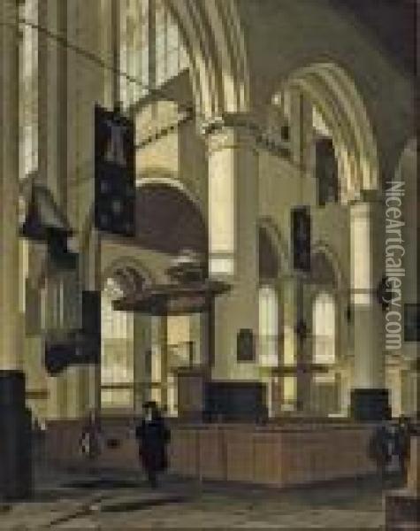 A Protestant Gothic Church Interior With An Elegant Man By A Grave Oil Painting - Streek Hendrik Van