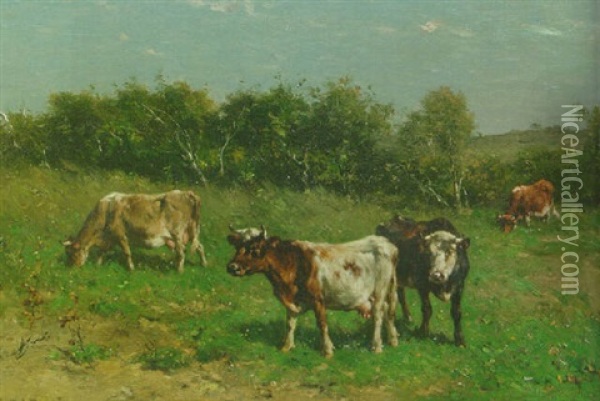 Cows In A Meadow Oil Painting - Johannes Hubertus Leonardus de Haas