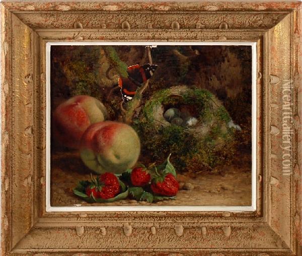 Still Life Of A Bird's Nest, Fruit And A Redadmiral Butterfly On A Mossy Bank Oil Painting - William Hughes
