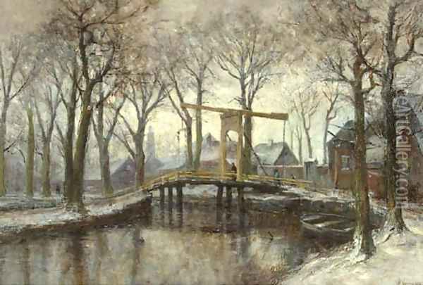 Figures on a drawbridge in winter by a village Oil Painting - Jan Hillebrand Wijsmuller