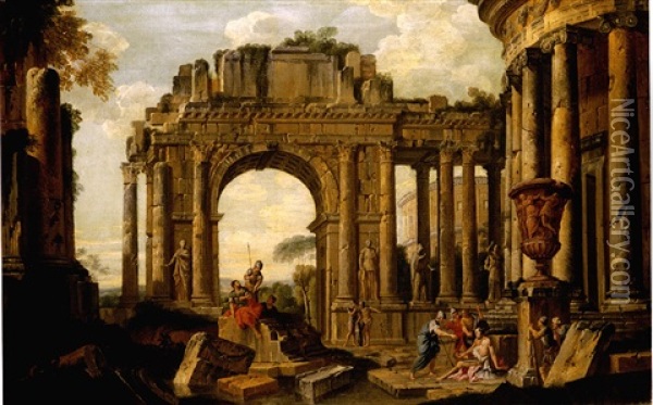 An Architectural Capriccio With Belisarius And Soldiers Among Ruins Oil Painting - Giovanni Paolo Panini