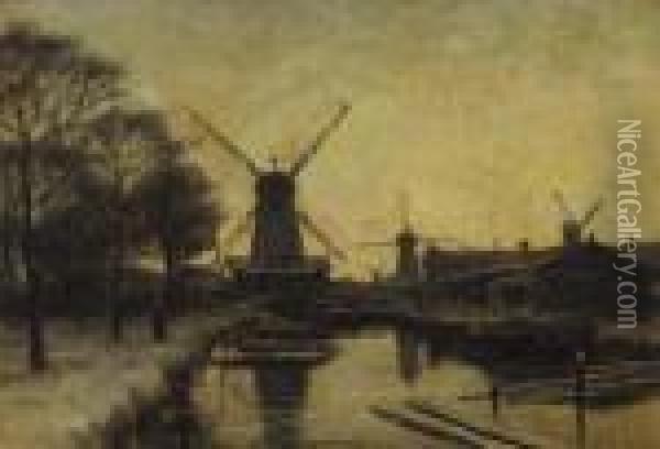 Windmills In Winter Oil Painting - Jan Hillebrand Wijsmuller