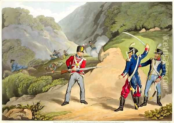 A British Soldier Taking Two French Officers at the Battle of the Pyrenees Oil Painting - John Augustus Atkinson