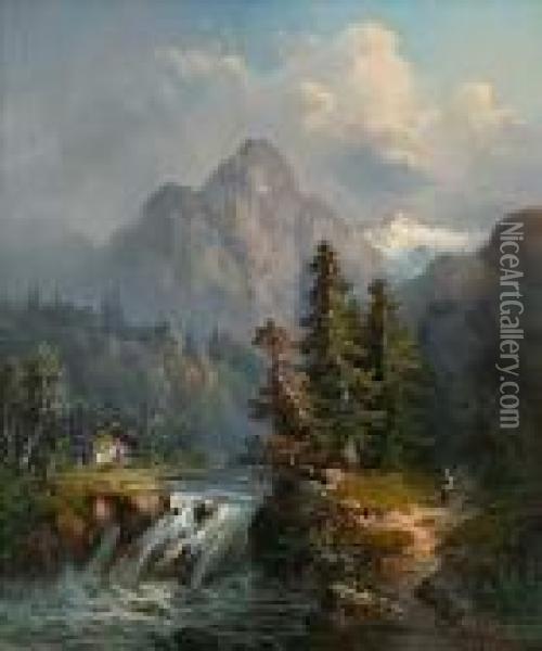 Flusslauf In Den Alpen Mit Gehoft Und Krautersammlerin Oil Painting - Guido Hampe