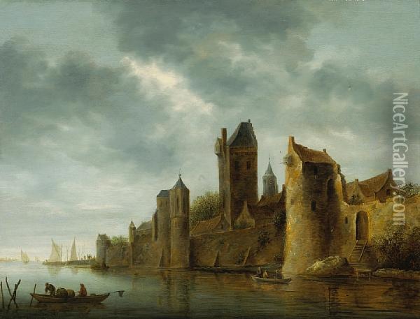 A View Of A Town By A River Oil Painting - Wouter Knijff