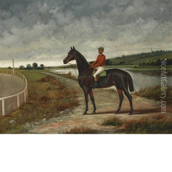 Dark Racehorse With A Jockey Up By A Racetrack In A River Landscape Oil Painting - Henry H. Cross