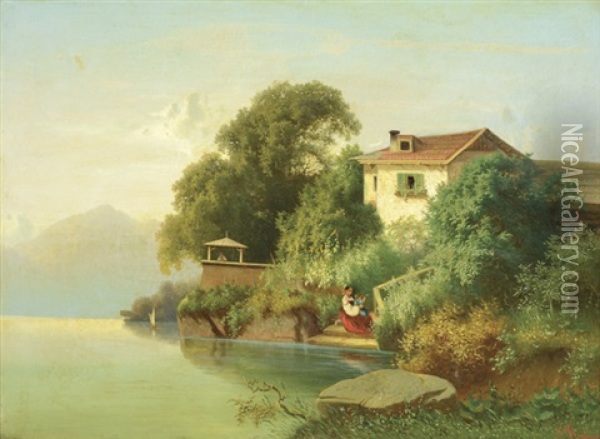 Landscape Depicting Lake Traunsee, Austria With Mother And Child On Cottage Steps At Water's Edge, Mountains In The Distance Oil Painting - Leopold Stephan