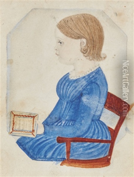 Miniature Portrait Of A Girl In A Blue Dress Seated In An Armchair And Holding 
