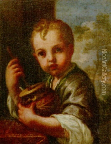 Study Of A Young Boy With A Jar Oil Painting - Antonio Mercurio Amorosi