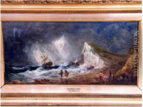 Coastal View With Choppy Seas, Sailing Ship And Figures Oil Painting - Thomas Hart