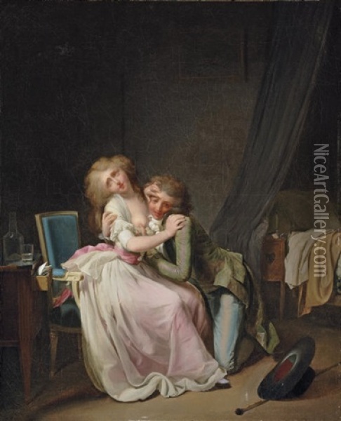 La Lutte Galante (or Ca Ira) - An Amorous Couple In An Interior Oil Painting - Louis Leopold Boilly
