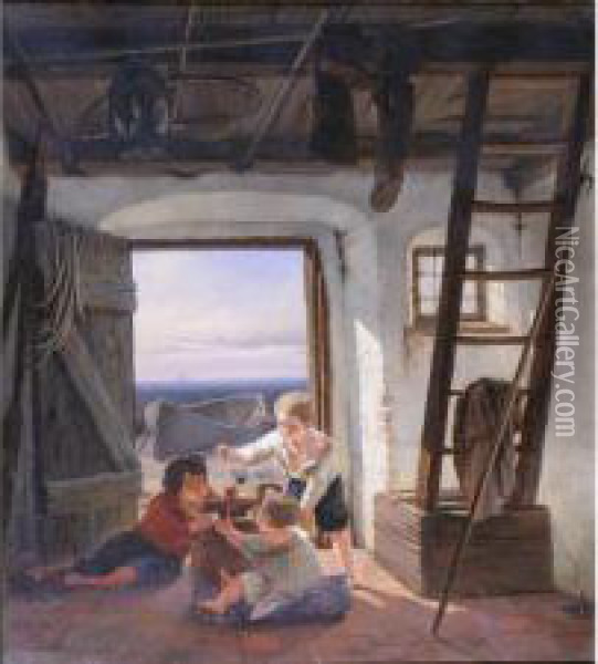 Jeu D'enfants - 1835 - Hst - Sbd, Situee Munchen Et Datee - 47 X 42 Cm Oil Painting - Niels Simonsen