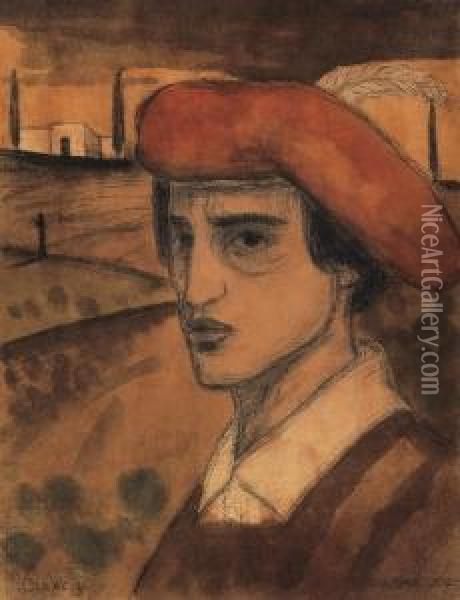 Self-portrait In Italian Land Oil Painting - Lajos Gulacsy
