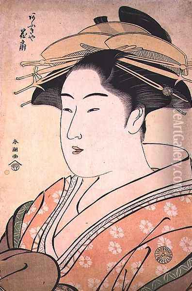 The courtesan Hanaogi, pub. c.1800 Oil Painting - Katsukawa Shuncho