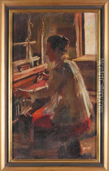 Kobieta Przy Krosnach Oil Painting - Stanislaw Korzeniewski
