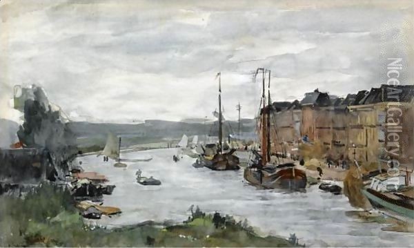 Moored Boats On A Canal, Scheveningen Oil Painting - Floris Arntzenius