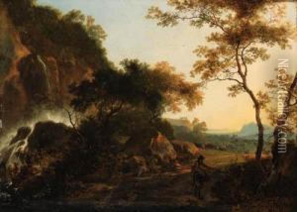An Italianate Landscape With A 
Traveller On A Path By A Waterfall,a Drover And Cattle Beyond Oil Painting - Adam Pynacker