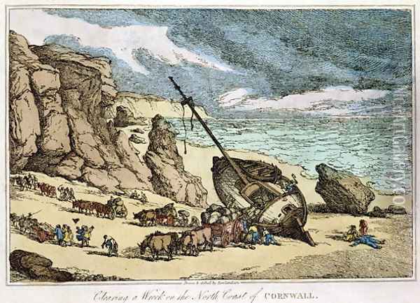 Clearing a Wreck on the North Coast of Cornwall, from Sketches from Nature, published 1822 Oil Painting - Thomas Rowlandson