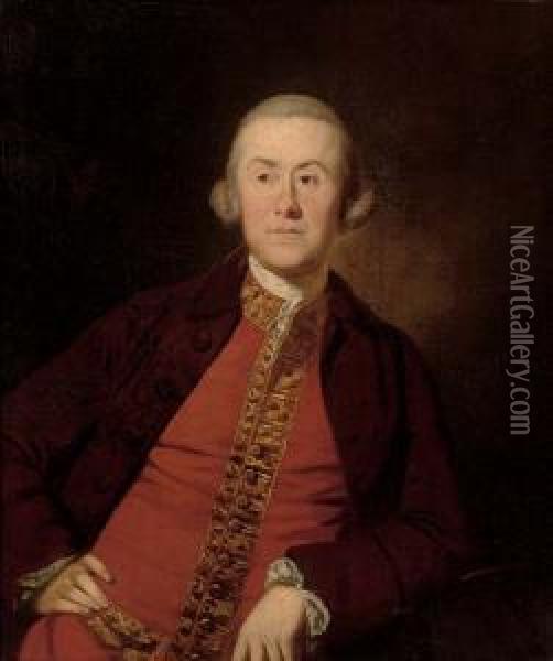 Portrait Of A Gentleman, Possibly A Member Of The Lister Kaye Family Of Denby Grange, Wakefield, Half-length, In A Burgundy Jacket And A Red Waistcoat With Gold Trim Oil Painting - Benjamin Wilson