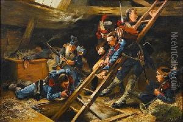 Napoleonic Troops In Hiding In A Barn Oil Painting - Willem H. Schmidt