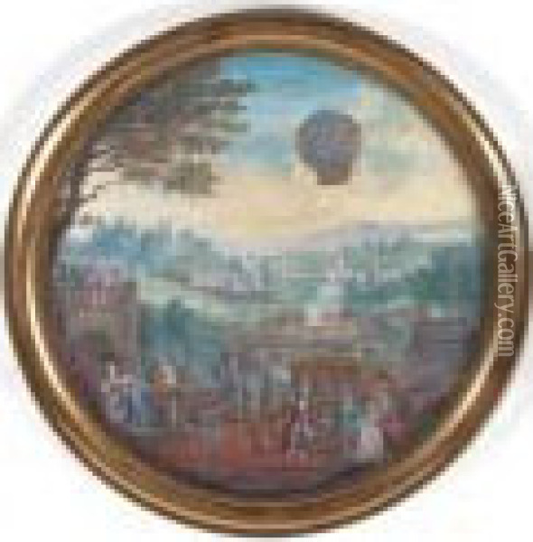 Grande Miniature Sur Papier Representant L'envol D'une Montgolfiere. Oil Painting - Henri Joseph Van Blarenberghe