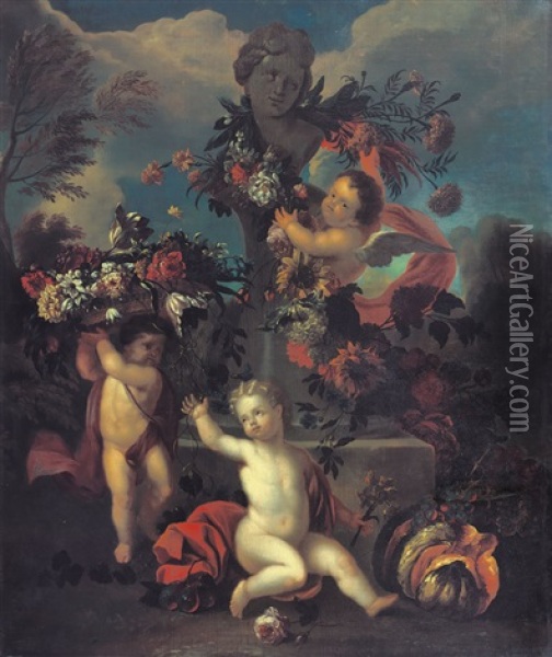 Giardino Con Putti E Fiori Oil Painting - Karel van Vogelaer