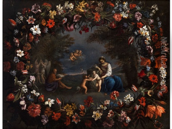 Blumengirlande Mit Heiliger Familie, Jungem Johannes Und Engeln Oil Painting - Pier Francesco Cittadini