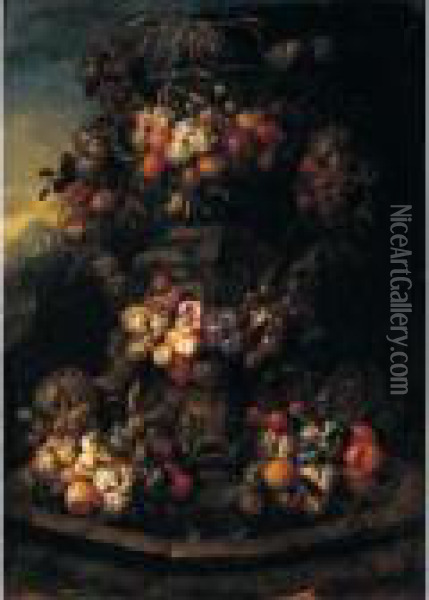 Still Life Of Swags Of Fruit Adorning A Stone Fountain Oil Painting - Jan Pauwel Gillemans The Elder