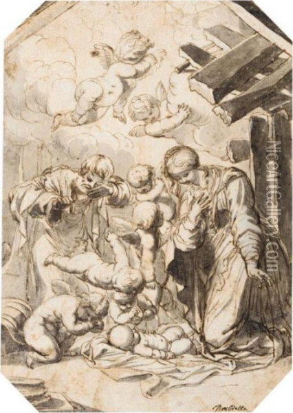 The Nativity With Putti Adoring The Christ Child Oil Painting - Pierre Brebiette