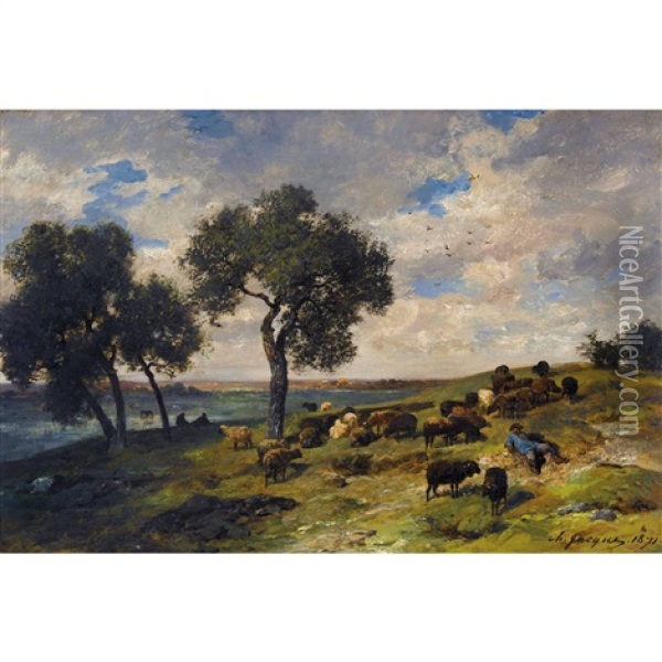 Landschaft Mit Schafer Und Herde Oil Painting - Charles Emile Jacque