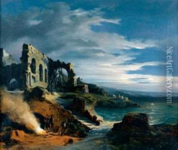 Contrebandiers Pres D'une Plage Surmontee D'une Ruine D'eglise Oil Painting - Charles Caius Renoux