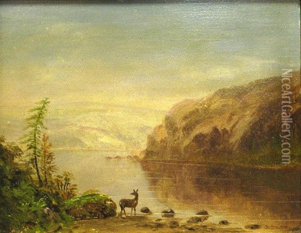A View Of A Lake With Hills In The Distance And A Deer In The Foreground Oil Painting - Billman