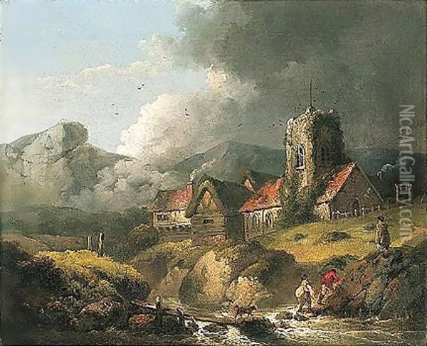 Figures Crossing A Stream With A Church Beyond Oil Painting - George Morland