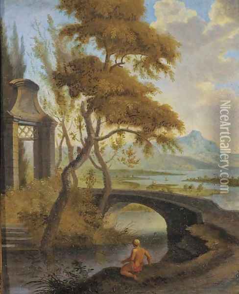An extensive river landscape with a bather by a bridge Oil Painting - Aelbert Meyeringh