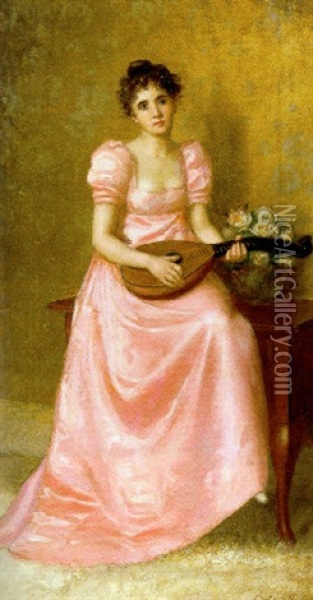Woman Playing A Mandolin Oil Painting - De Scott Evans