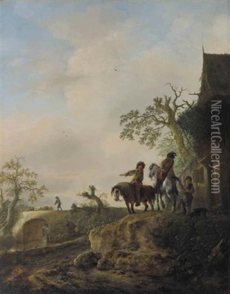 Landscape With Horsemen Halting At An Inn Oil Painting - Isaac Van Ostade