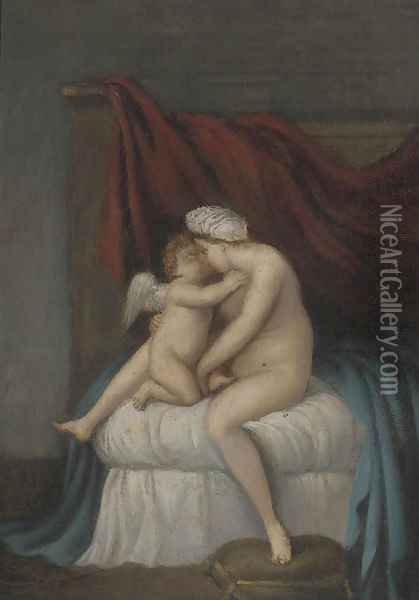Cupid and Venus embracing on a bed Oil Painting - French School