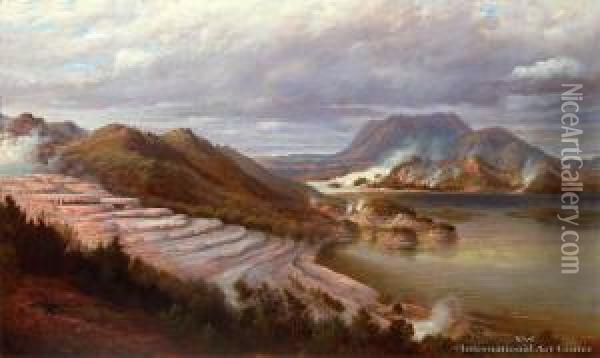 Rotomahana From The Pink Terraces Oil Painting - Charles Blomfield