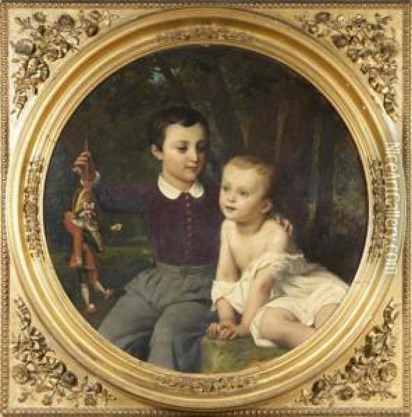 Portrait De Paul Et Leon Henry-lepaute Jouant Avec Une Marionnette Oil Painting - Francois Edouard Picot
