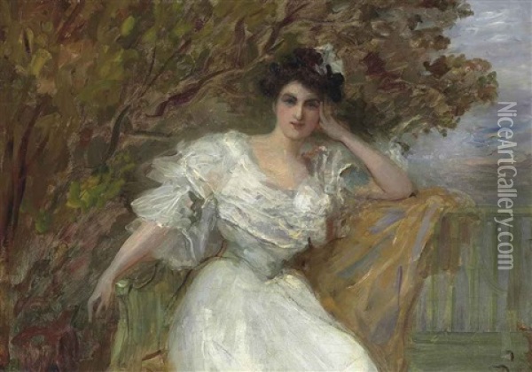 Natalie Goeneutte, The Artist's Sister, Seated In A White Dress On A Terrace Oil Painting - Norbert Goeneutte