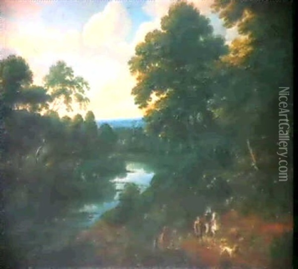 Reiter Und Wanderer An Einen Flusslauf. Oil Painting - Jacques d' Arthois