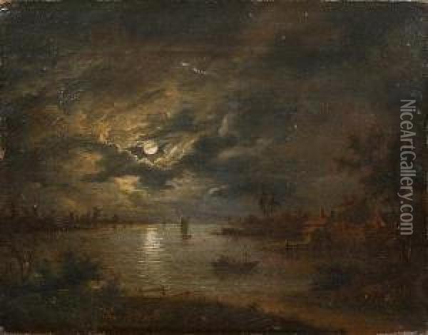 A Moonlit Estuary Scene Oil Painting - Abraham Pether