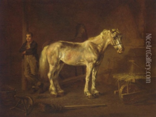 Two Horses And A Groom In A Stable Oil Painting - Louis Moritz